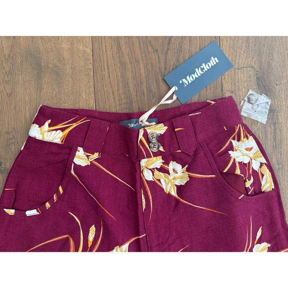 ModCloth Floral Print Linen Wide-Leg Cropped Pants Burgundy Womens Sz 00 NWT - Picture 4 of 10